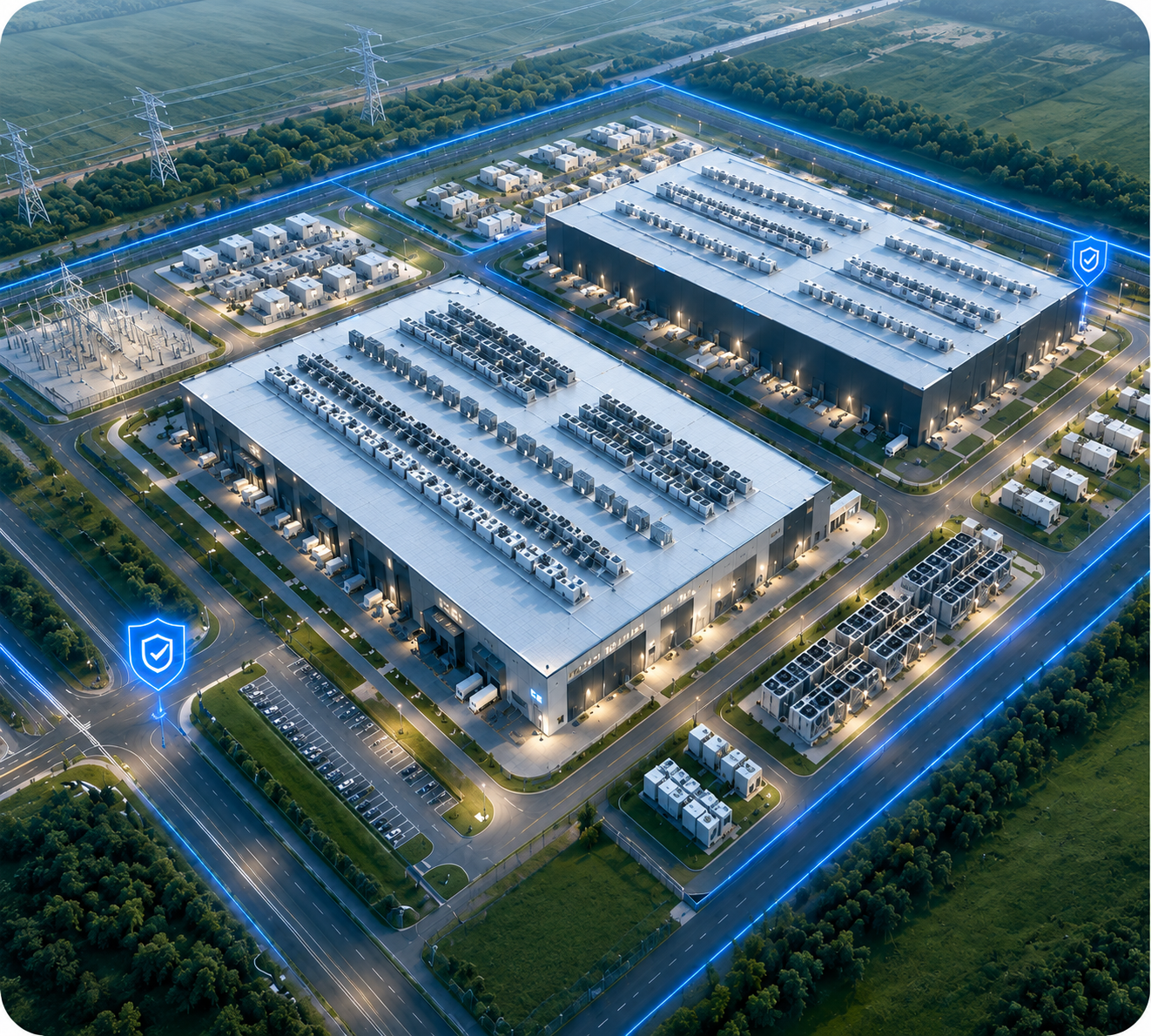 Aerial view of a data center campus with a blue site boundary
