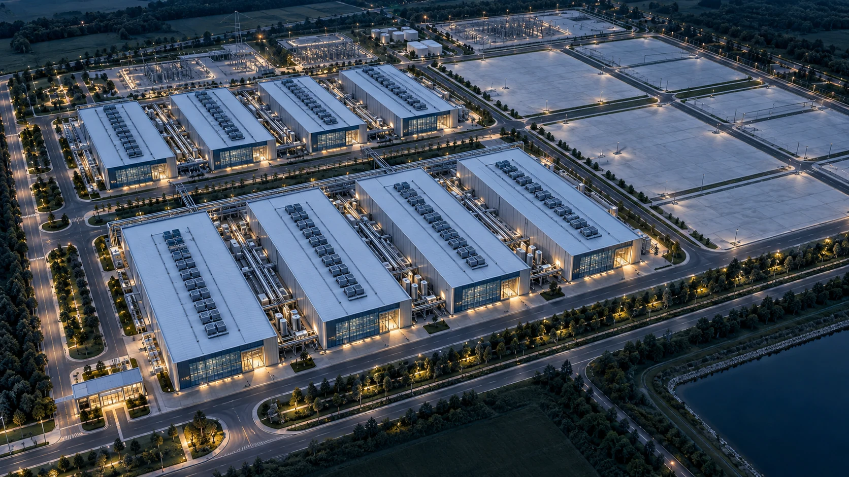 Conceptual modular AI campus with repeated data halls, continuous service roads, and prepared pads for future expansion