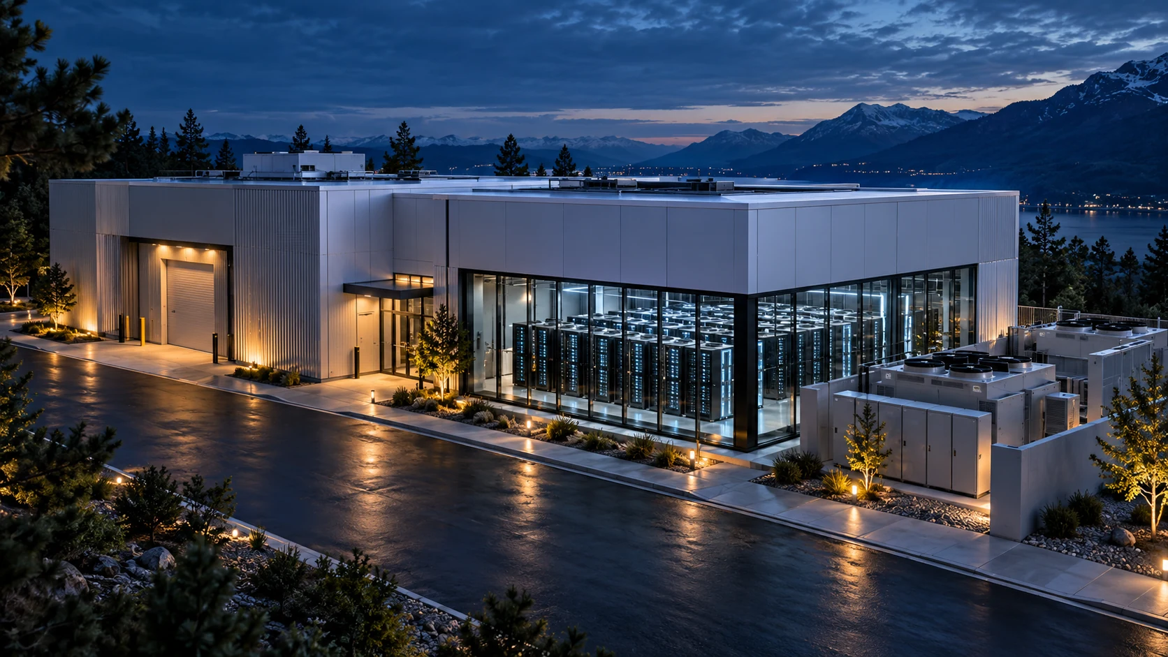 Conceptual first modular AI deployment with enclosed data halls, a service frontage, and an adjacent mechanical yard at blue hour