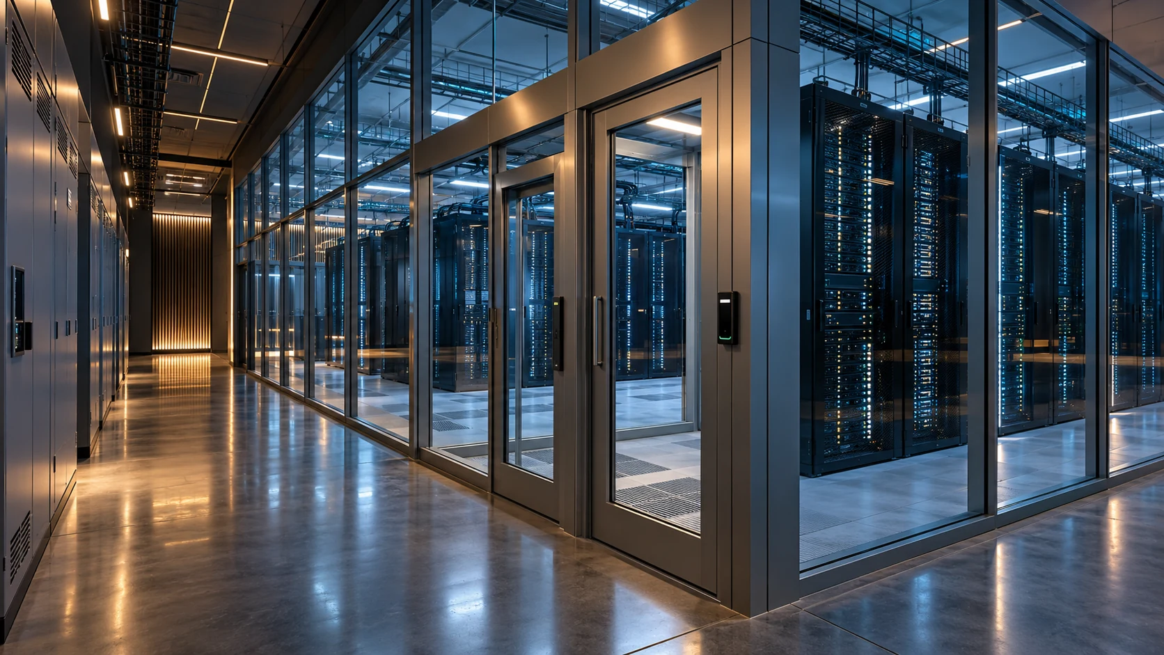 Conceptual secure AI server hall behind a glass partition with a controlled entry vestibule and organized service corridor