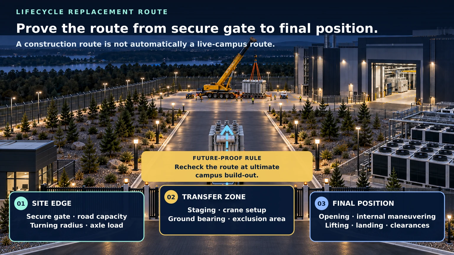 Lifecycle replacement route: a straight heavy-haul path runs from the secure gate through site-edge checks and the crane transfer zone to final placement, with revalidation at ultimate campus build-out.