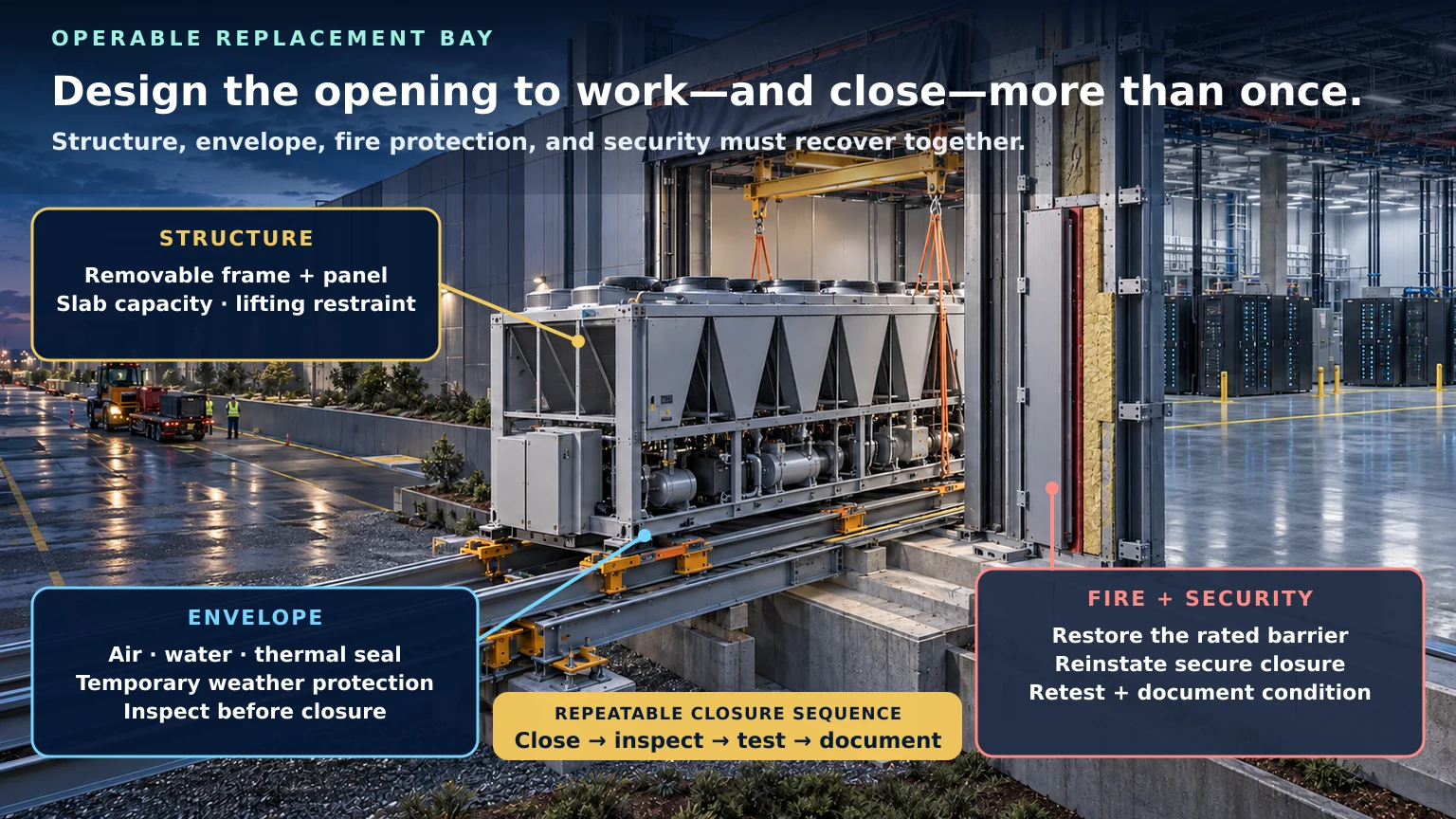 Operable replacement bay: removable structure, envelope seals, and the fire and security closure are restored, inspected, tested, and documented after equipment replacement.