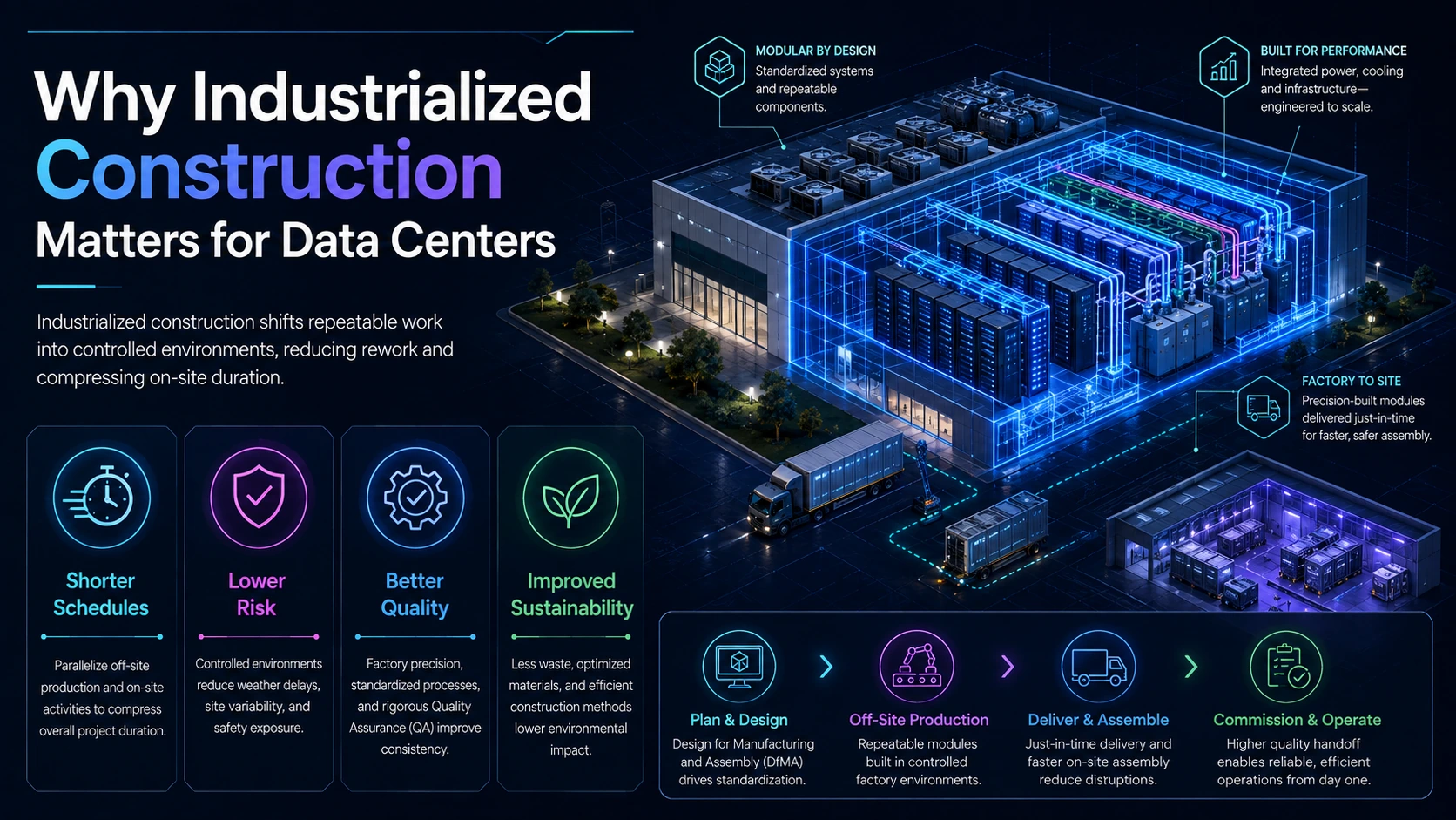 Industrialized data center construction workflow connecting controlled fabrication, site preparation, installation, and verification