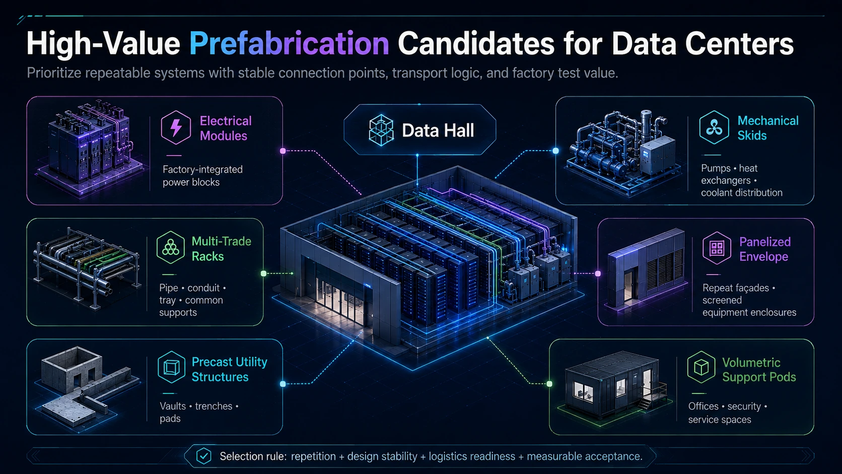 High-value data center prefabrication candidates including electrical modules, mechanical skids, multi-trade racks, and envelope systems