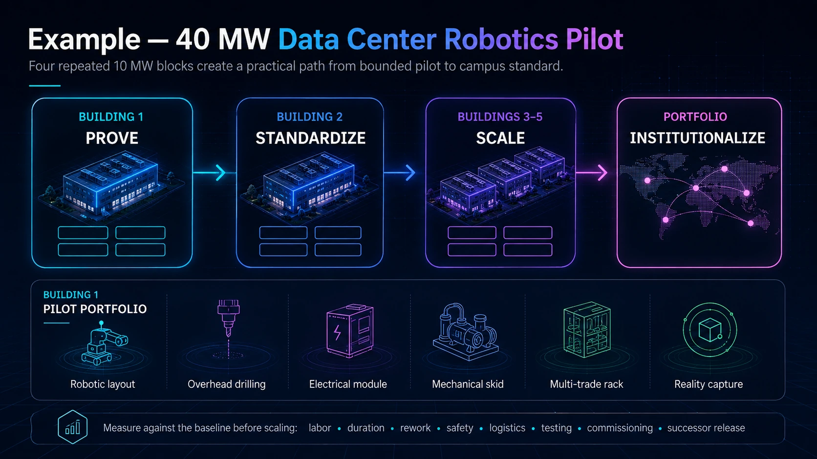 Example 40 megawatt data center robotics pilot scaling from proof through portfolio use