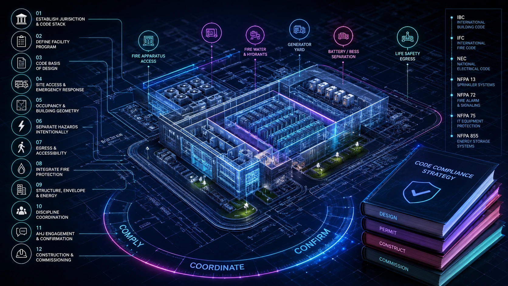 Twelve-step code compliance strategy for data center design, permitting, construction, and commissioning