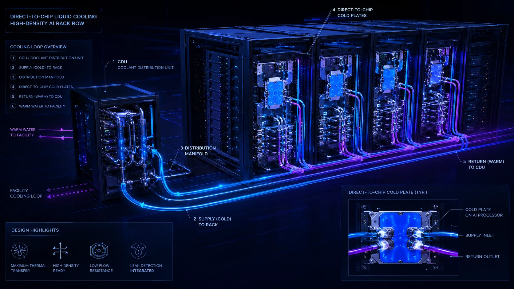Editorial diagram of direct-to-chip cold plates, rack manifolds, a CDU, and facility water piping