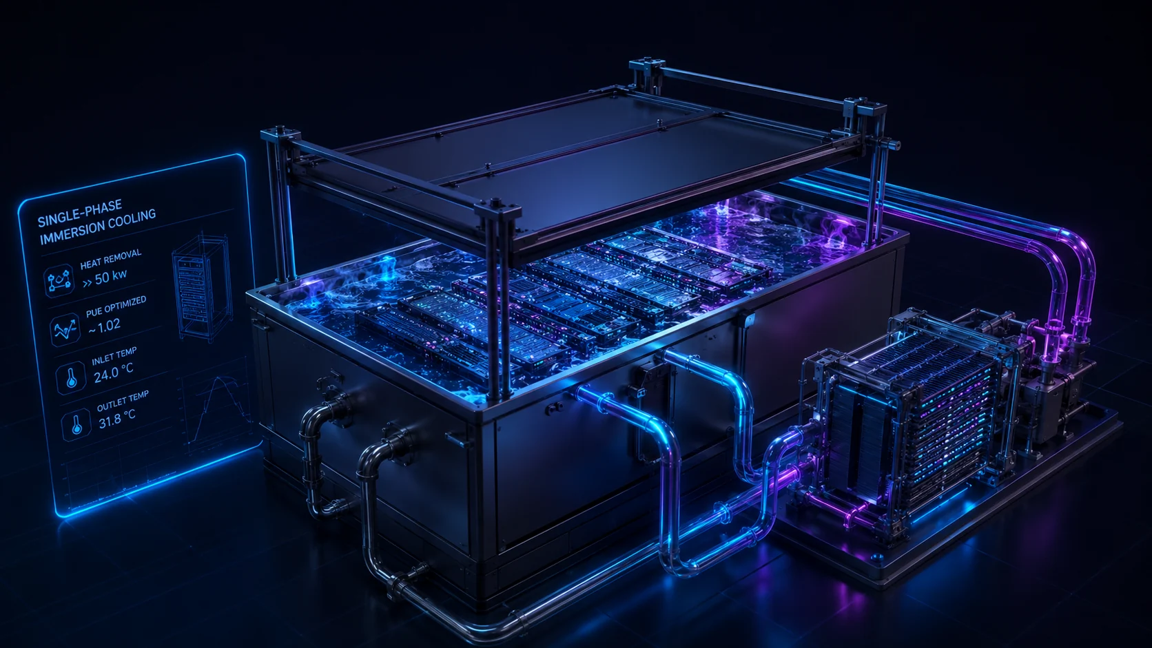 Editorial illustration of servers in a single-phase immersion cooling tank