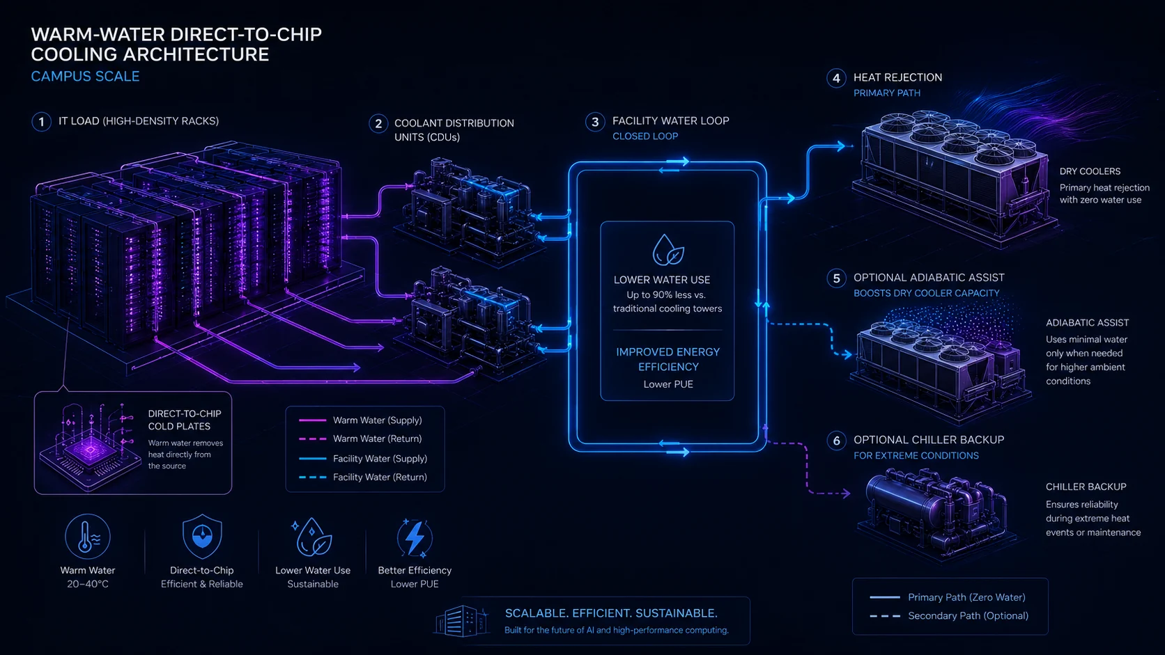 Editorial diagram of a warm-water direct-to-chip architecture with CDUs, dry coolers, adiabatic assist, and backup cooling