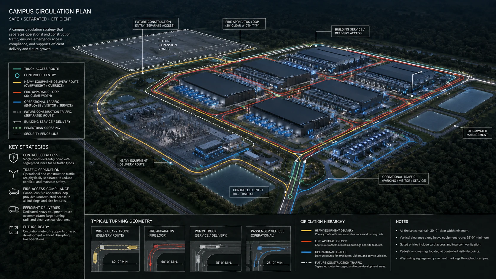 Illustrative data center campus circulation diagram showing fire access, heavy equipment delivery, operational traffic and construction traffic