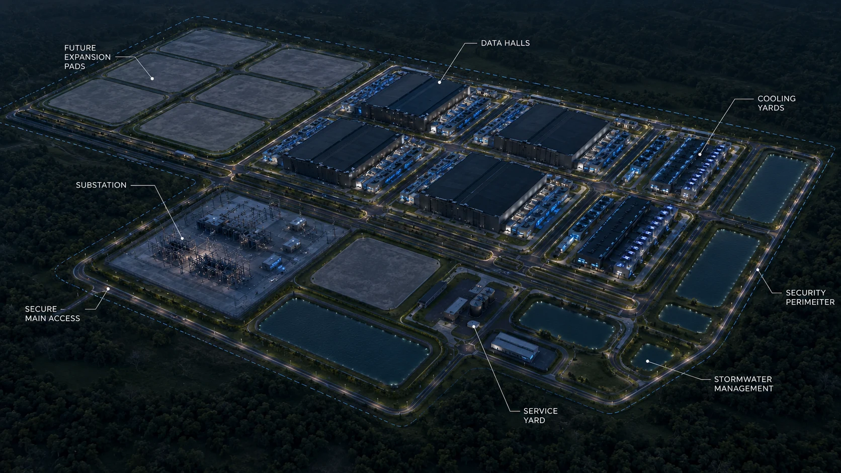 Illustrative data center campus master plan showing data halls, electrical infrastructure, cooling yards, circulation, stormwater, security and future expansion