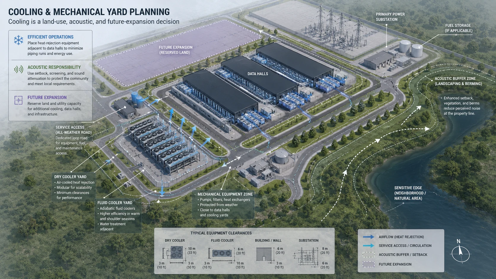 Illustrative data center campus cooling and mechanical yard planning diagram with service access and acoustic buffer