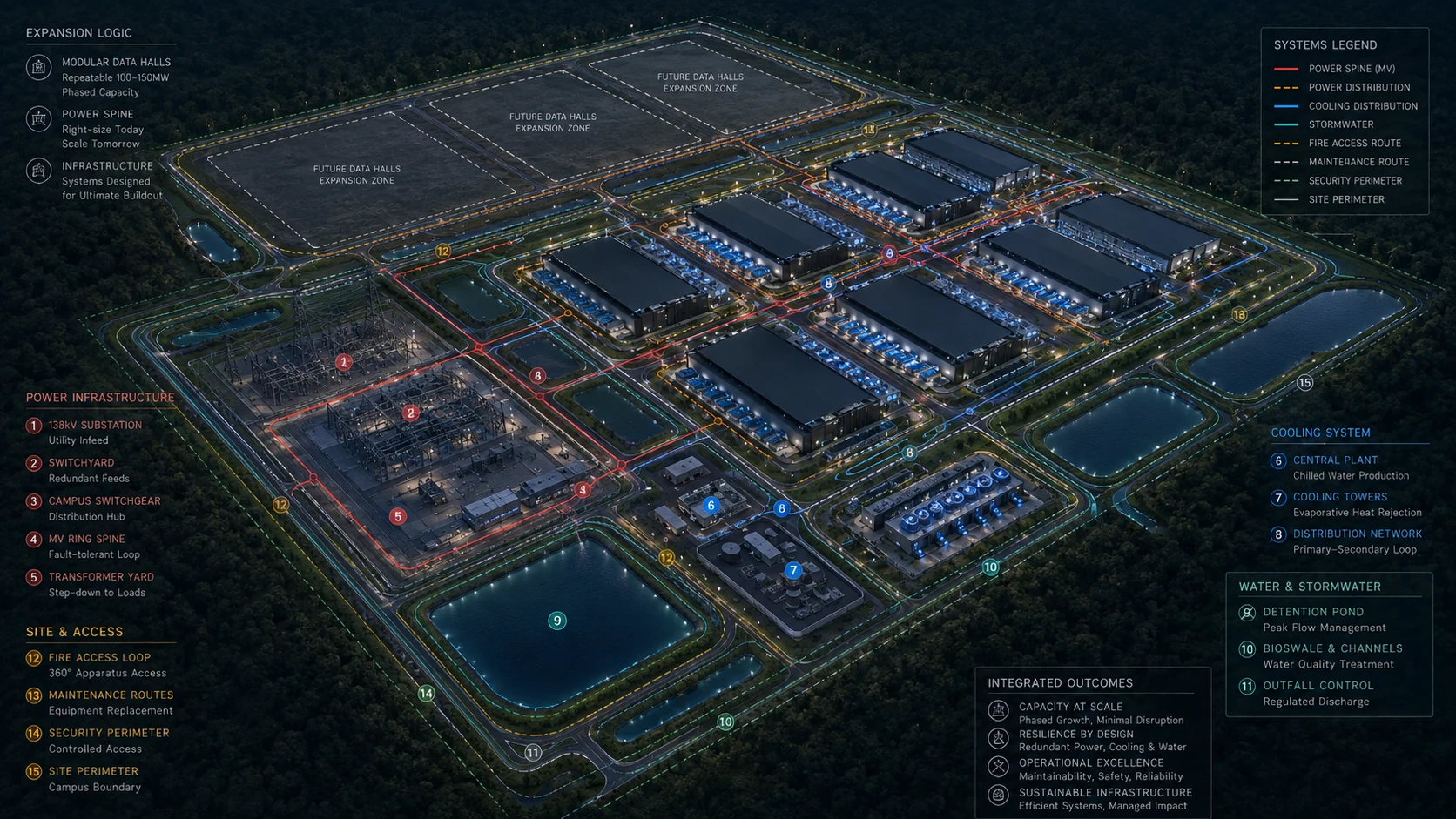 Integrated data center campus planning diagram combining power, cooling, circulation, stormwater, security, maintenance and future expansion