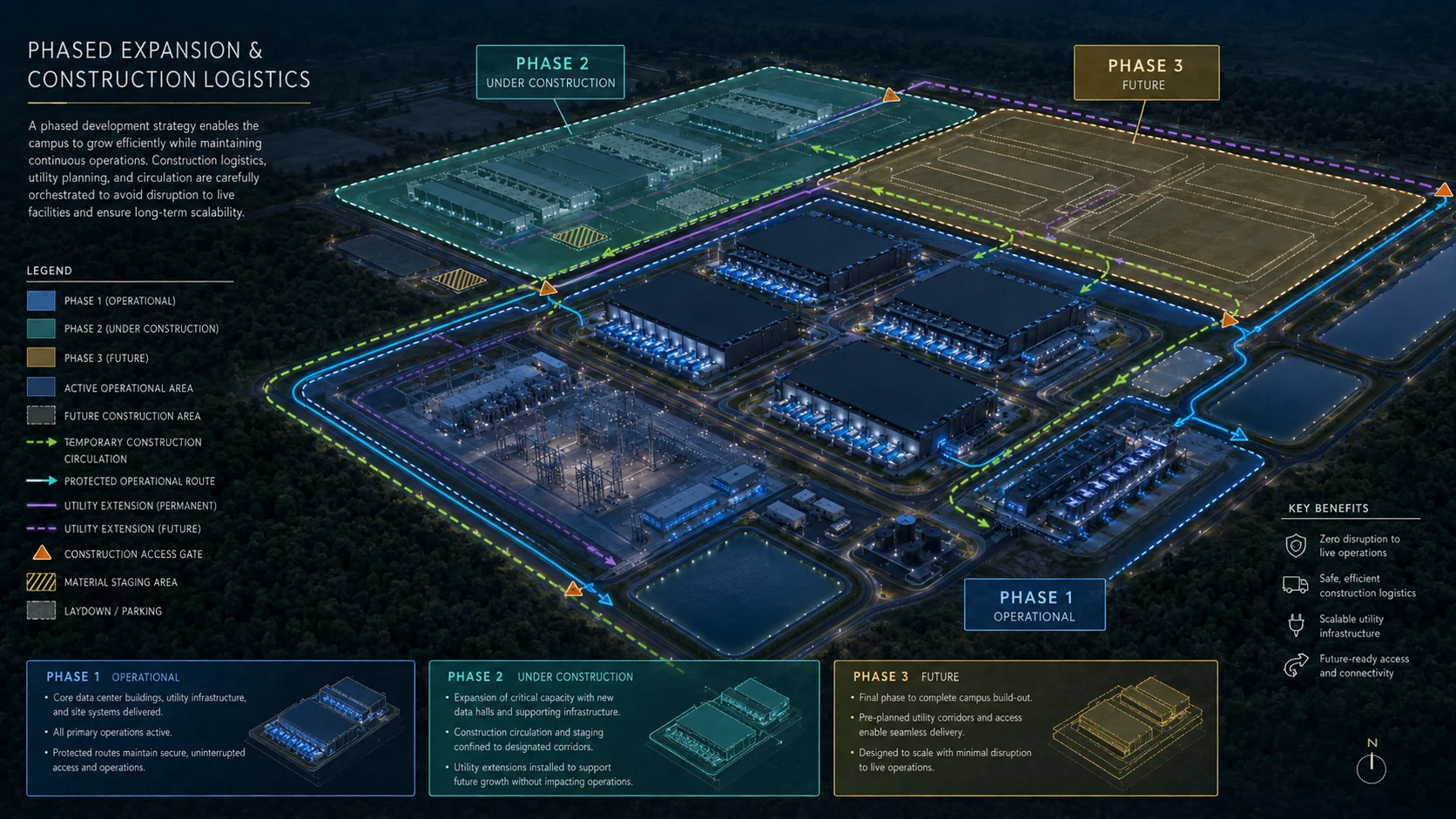 Illustrative phased data center campus expansion and construction logistics diagram