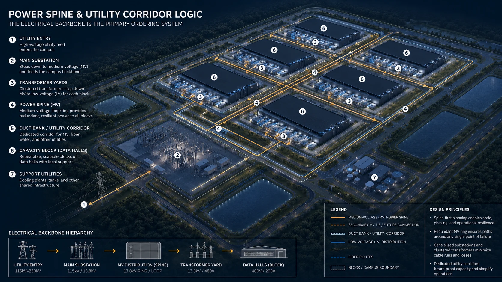 Illustrative data center campus electrical power spine and utility corridor planning diagram