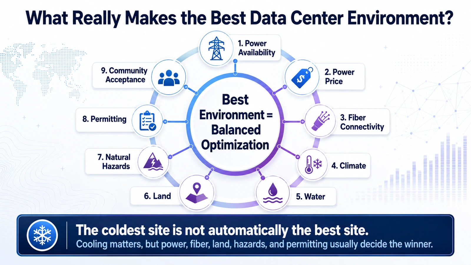 Data center location factors including power, fiber, climate, land, risk, and scalability.