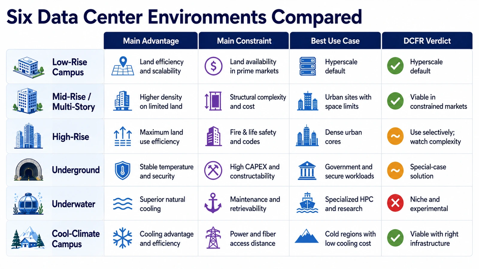 Underground, underwater, and cold-climate data center environments compared.