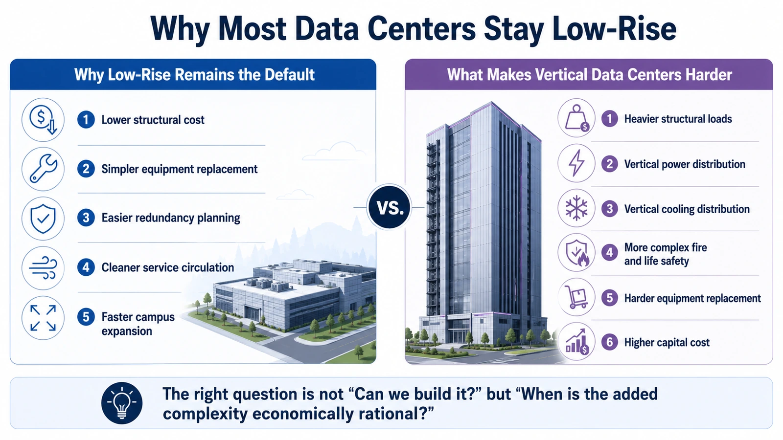 Low-rise and vertical data center infrastructure compared side by side.