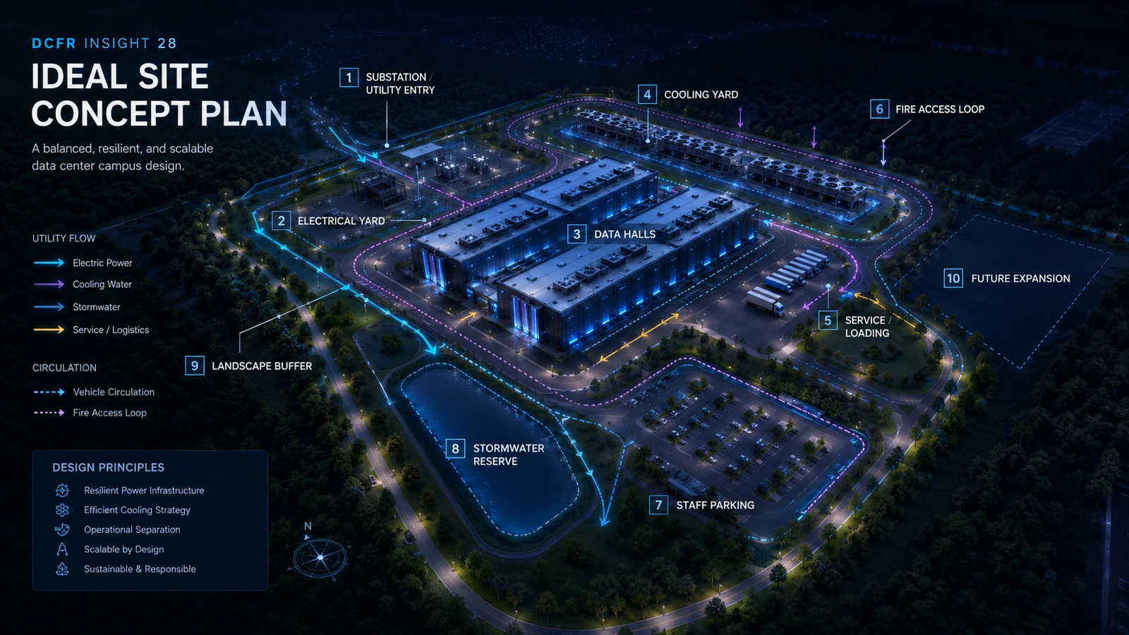 Idealized data center site concept illustrating utility entry, electrical yard, data halls, cooling, service, fire access, parking, stormwater, landscape buffer, and future expansion.