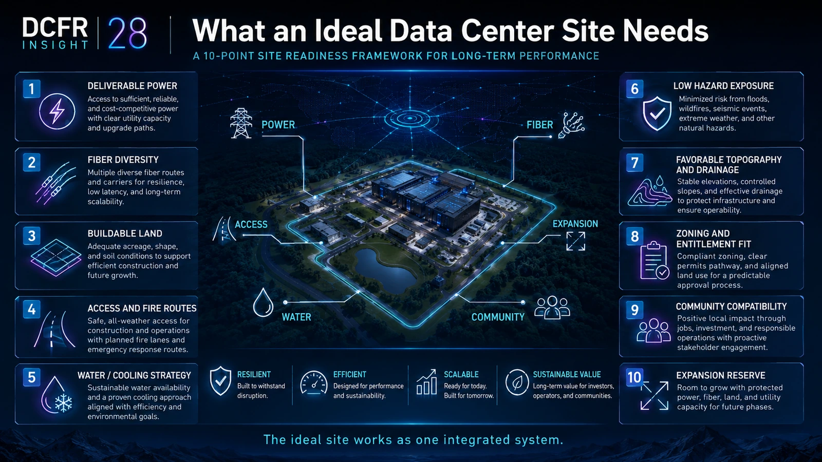 Ten-point data center site readiness framework covering power, fiber, buildable land, access, cooling, hazards, topography, entitlements, community, and expansion.