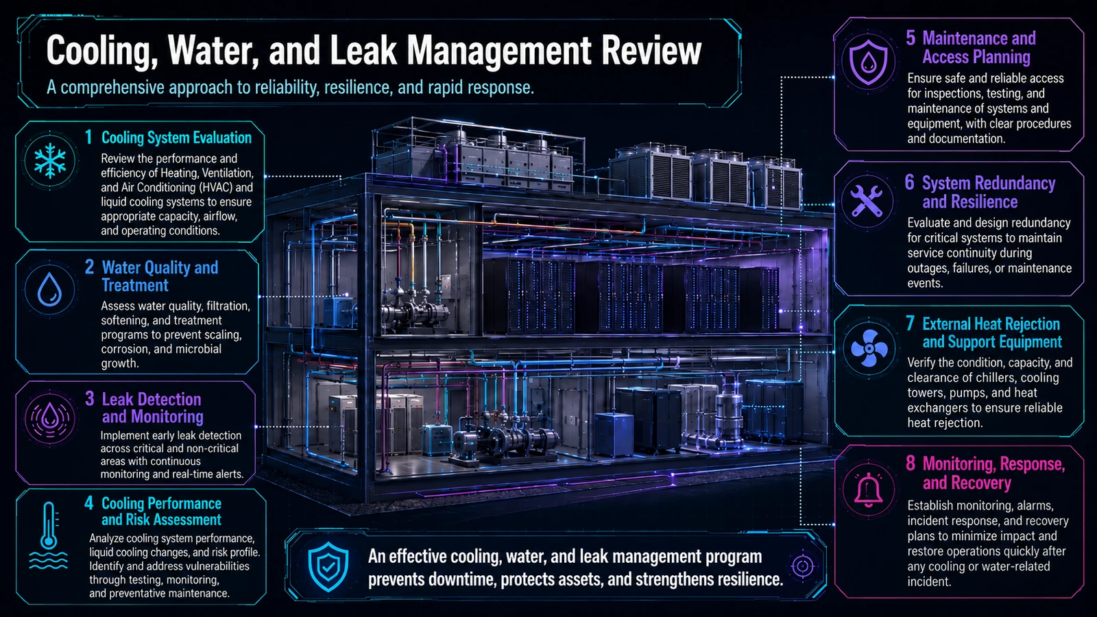 Data center cooling and liquid distribution with leak detection, isolation, drainage, and redundant equipment.