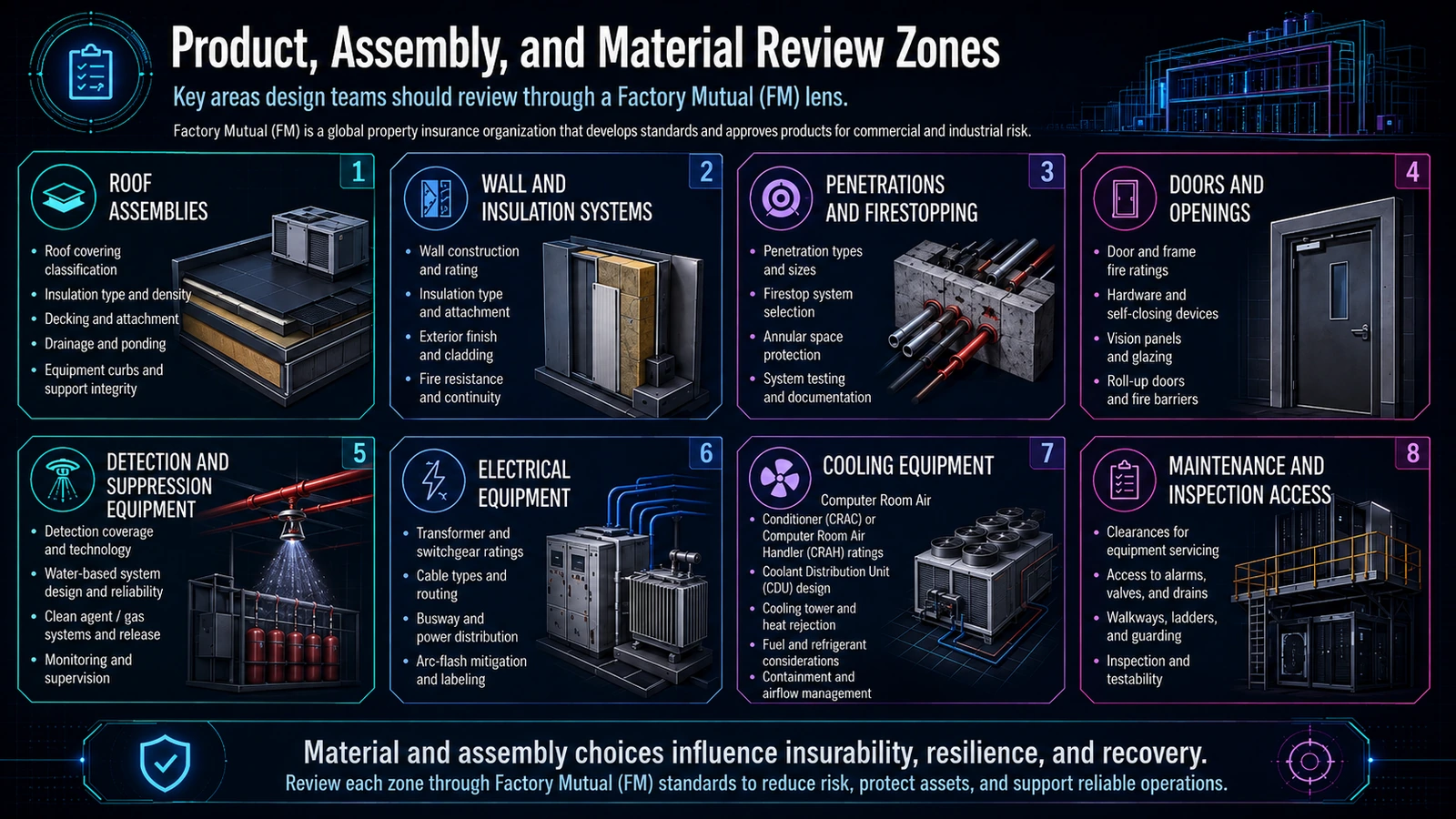 Coordinated review of data center products, assemblies, penetrations, roofing, equipment, and access.