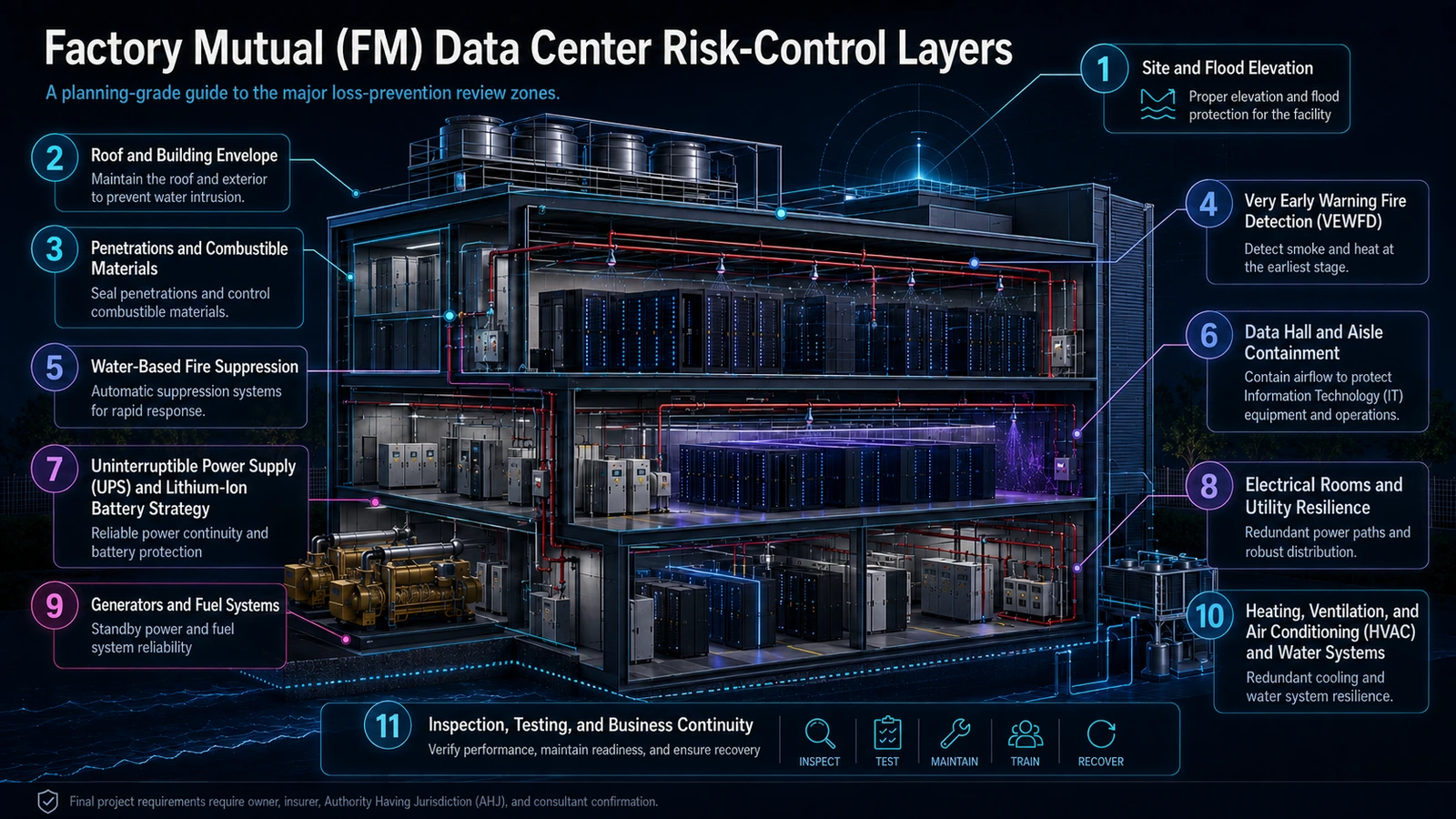 Eleven data center risk-control layers from site exposure through operations and continuity.
