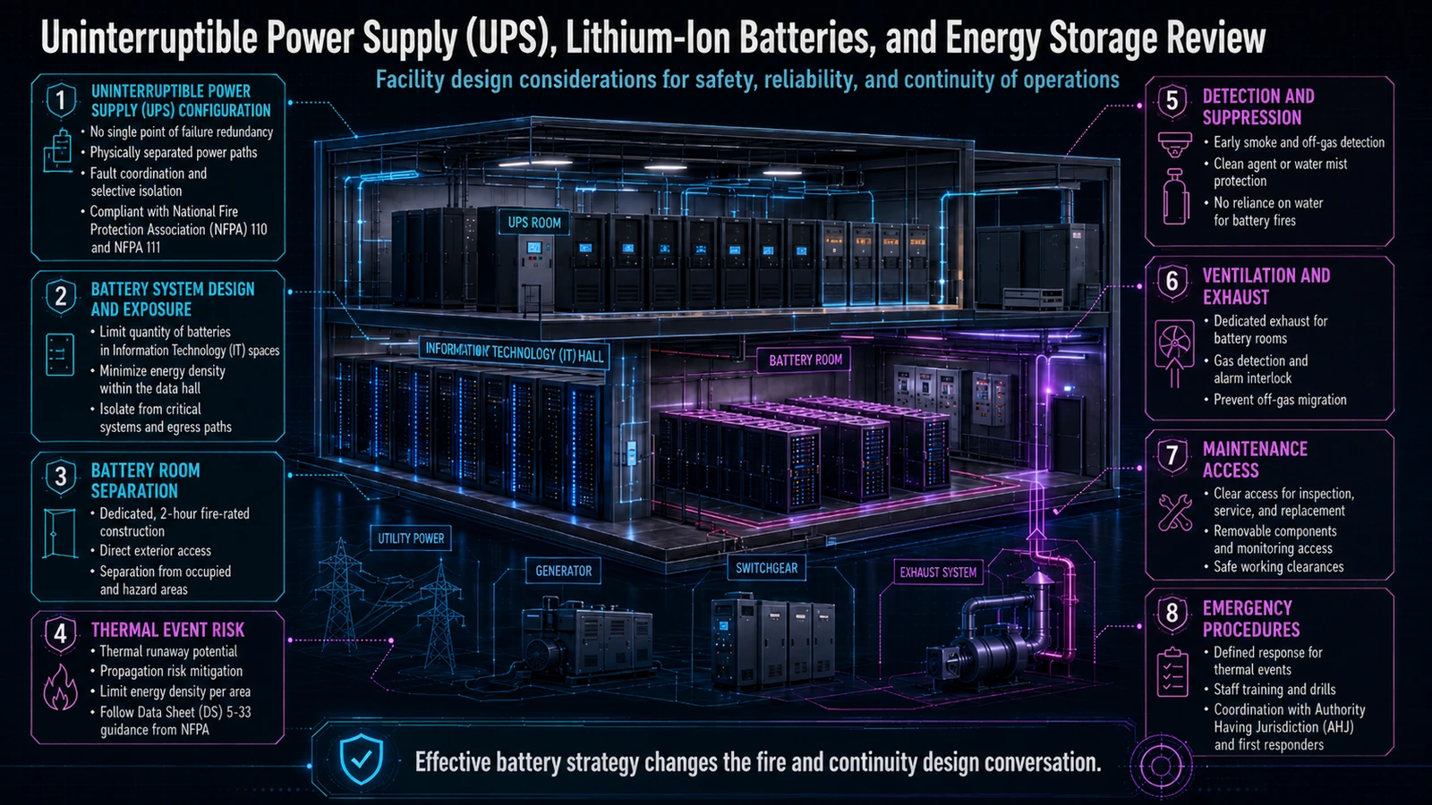 Battery architecture planning for separation, ventilation, fire protection, access, and continuity.