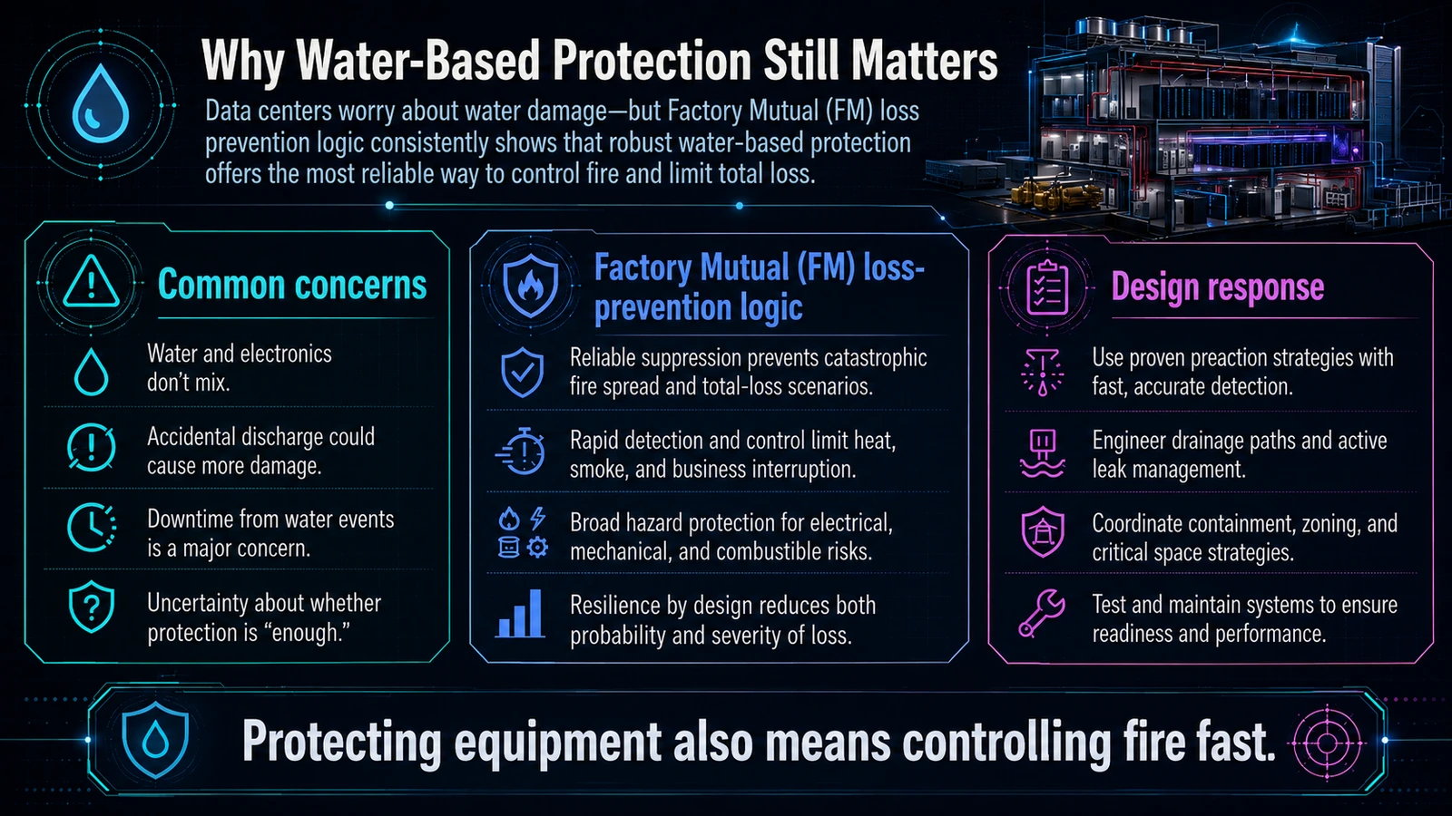 Integrated data center fire strategy balancing early detection, water-based control, drainage, and equipment protection.