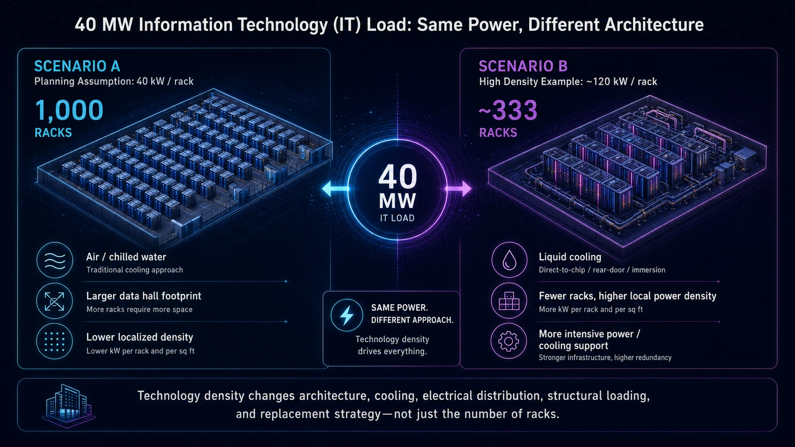 Comparison of a 40 megawatt data center using a 40 kilowatt per rack planning assumption versus a high-density 120 kilowatt per rack technology example.