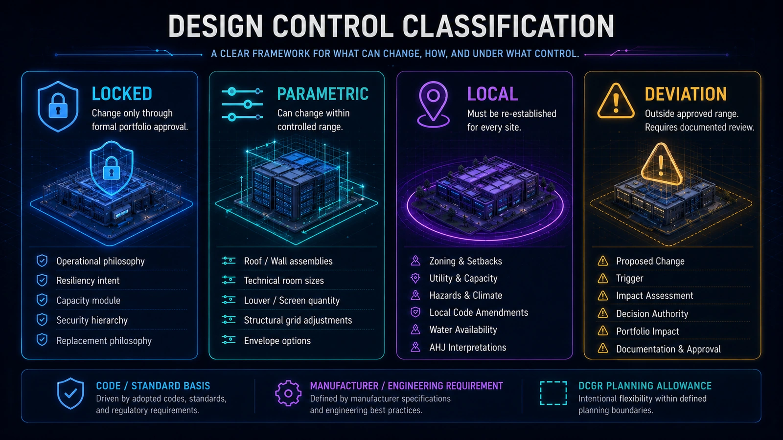 Design control classification showing locked, parametric, local, and deviation categories for data center reference design governance.