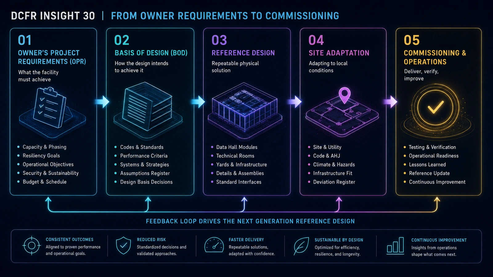 Data center design governance workflow from Owner's Project Requirements through Basis of Design, reference design, site adaptation, commissioning, and operations.