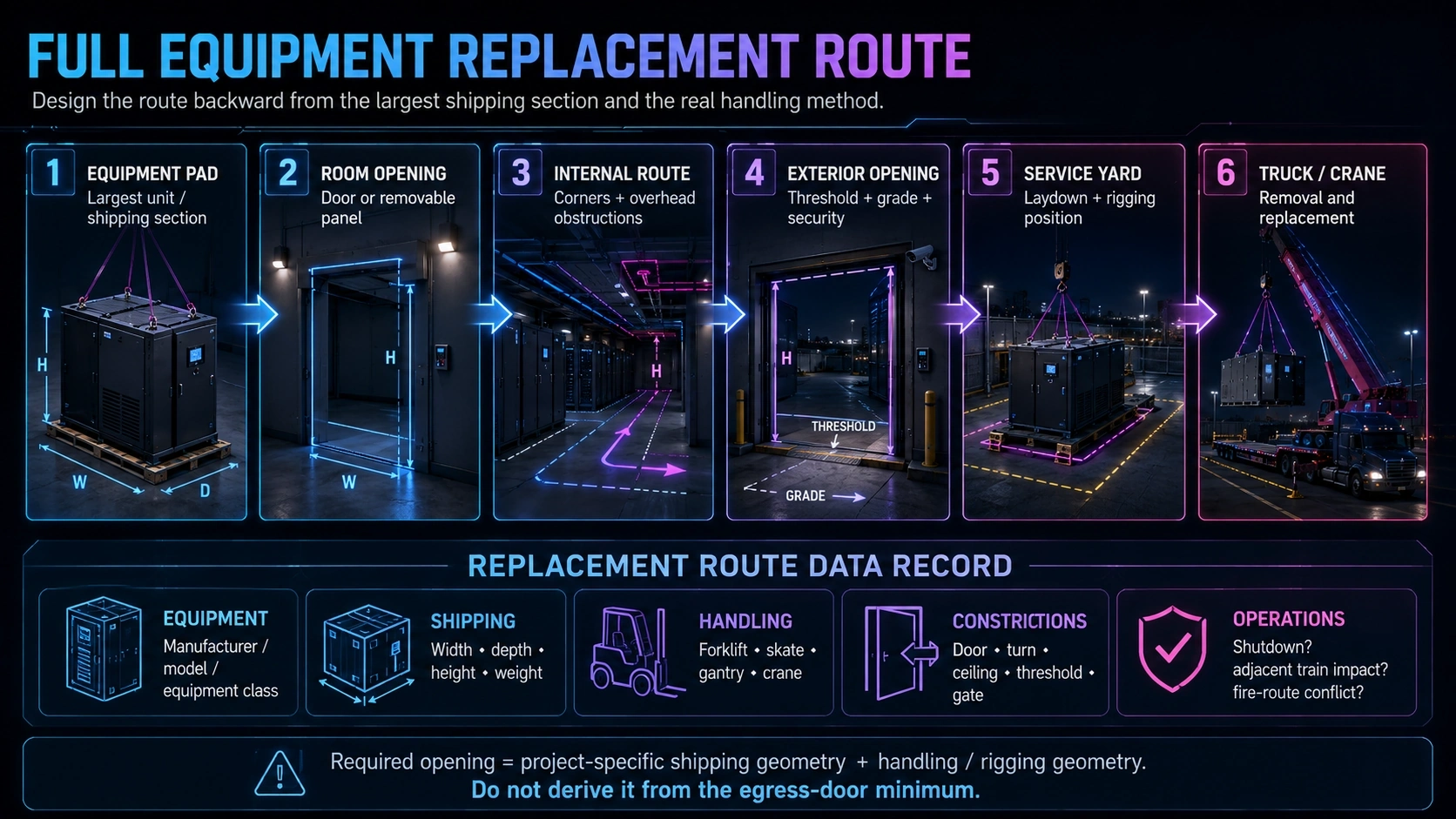 Full equipment replacement route from installed equipment to a truck or crane position.
