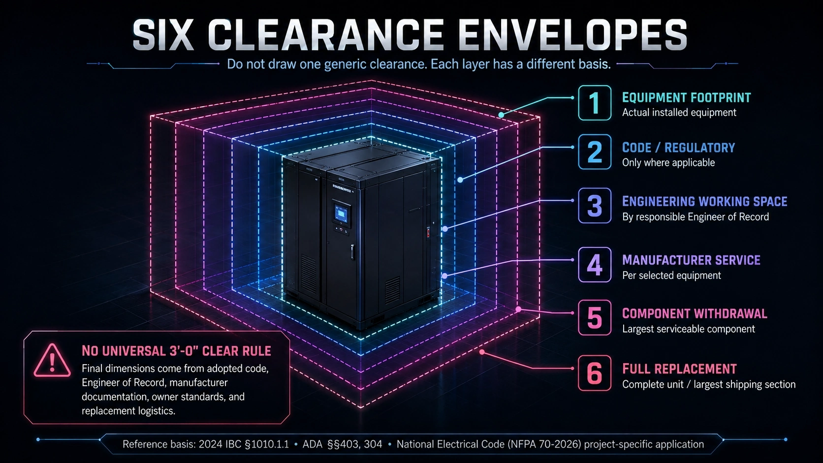 Diagram of the six distinct clearance envelopes used to review a technical room.