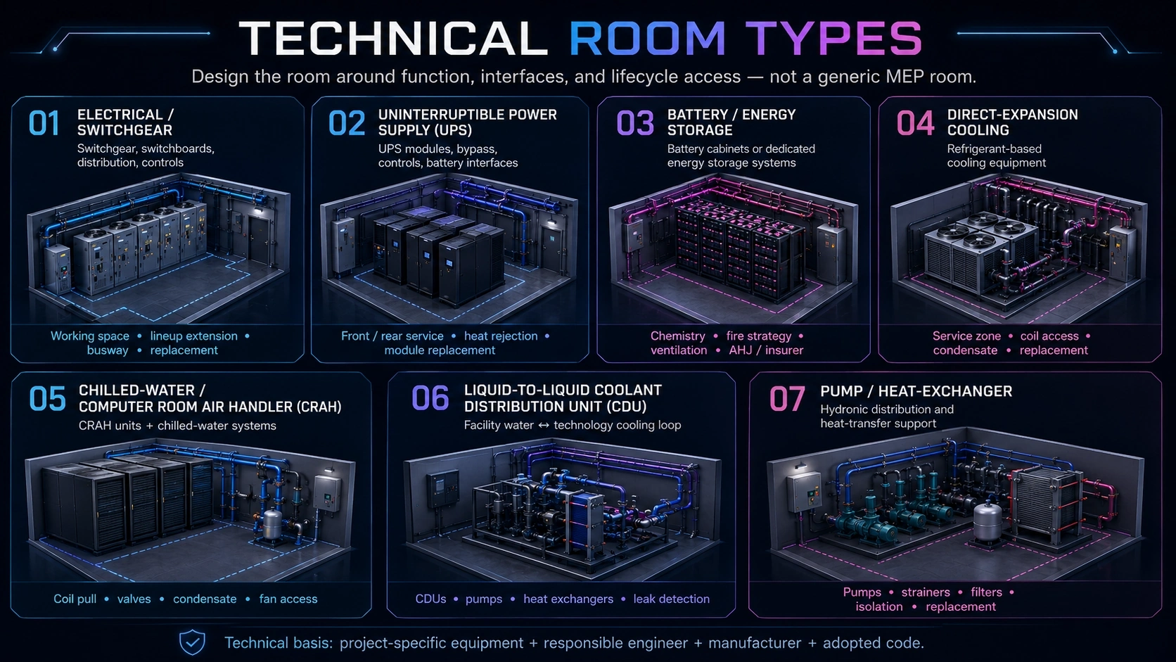 Overview of six functionally distinct data center technical-room types.