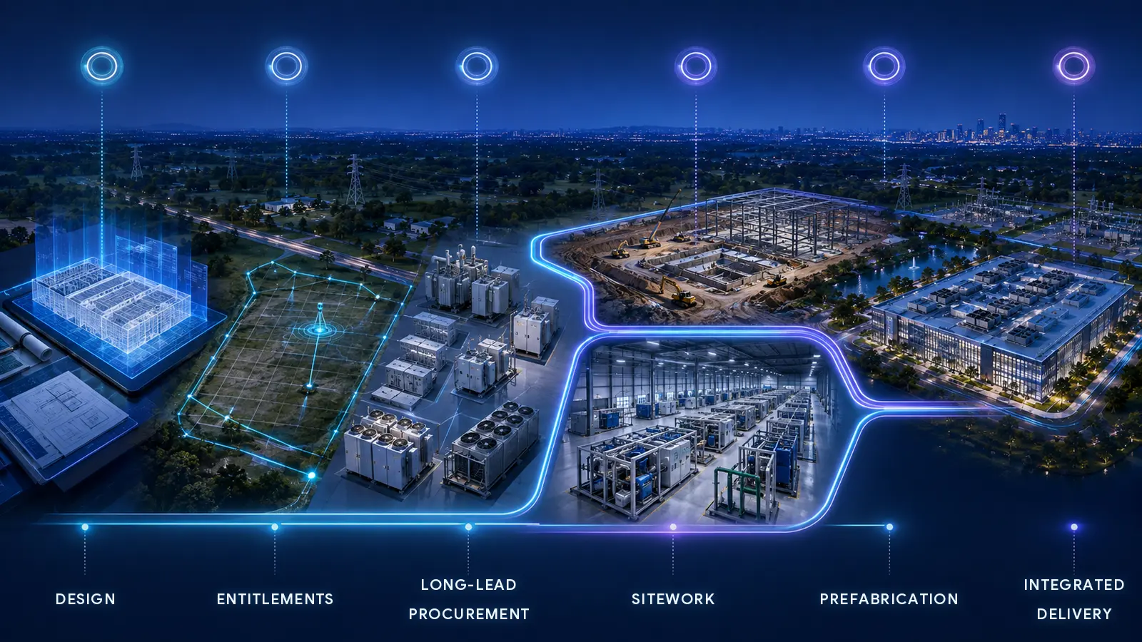 Parallel data center design entitlement procurement sitework prefabrication and delivery workstreams