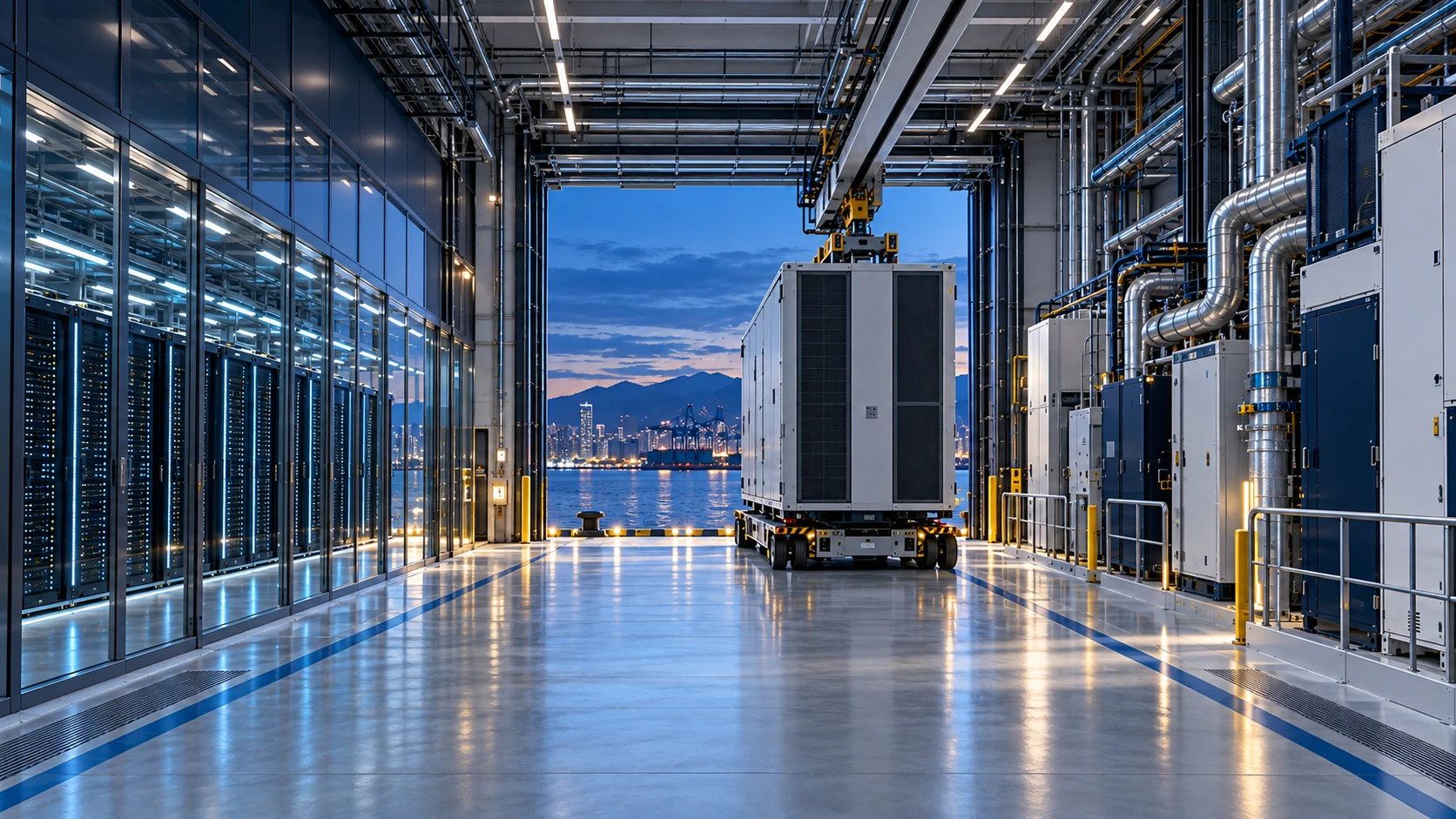 Conceptual data center service gallery with an enclosed equipment skid on a wheeled carrier, overhead lifting equipment, and harbor access