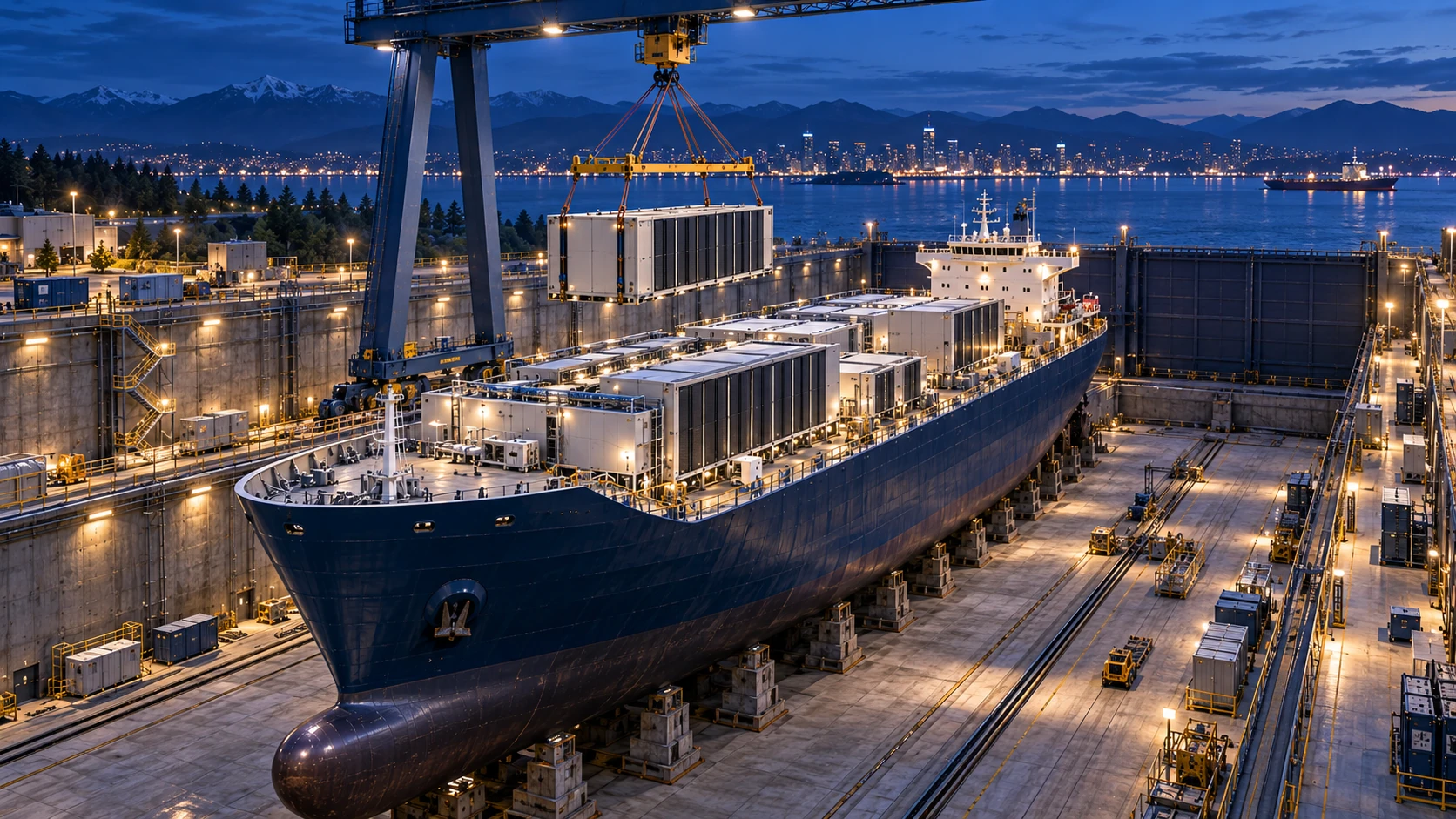 Conceptual commercial vessel in a dry dock with enclosed data center modules being installed by a gantry crane at blue hour