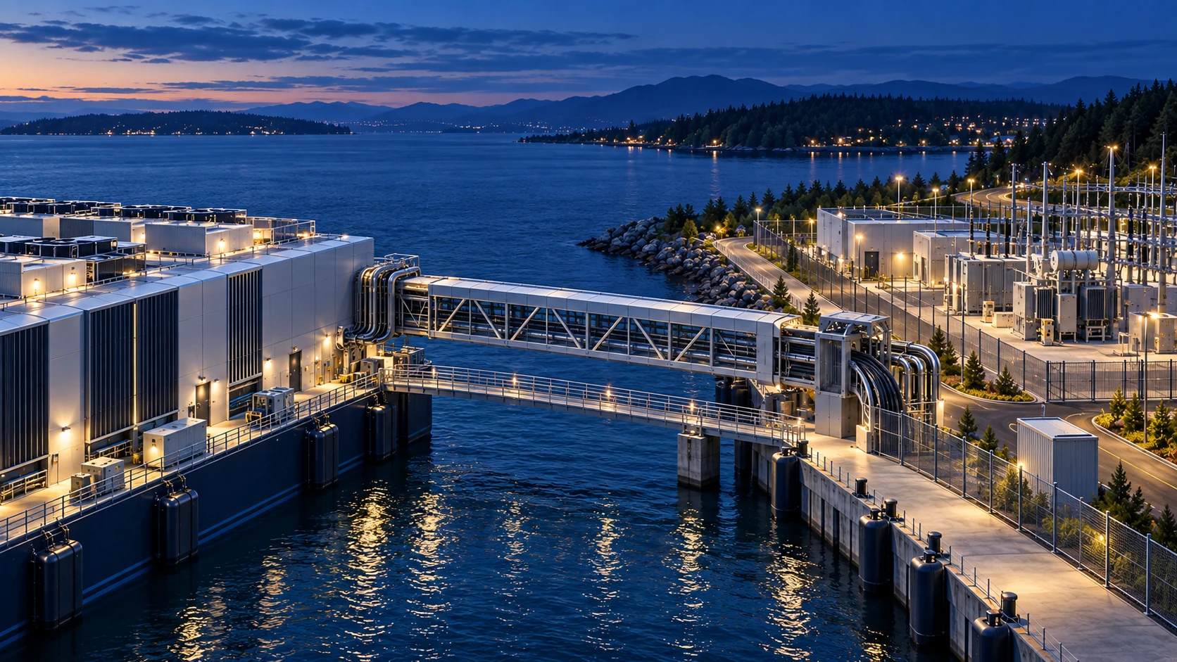 Conceptual utility bridge and separate access gangway linking a floating data center to a fenced shore substation